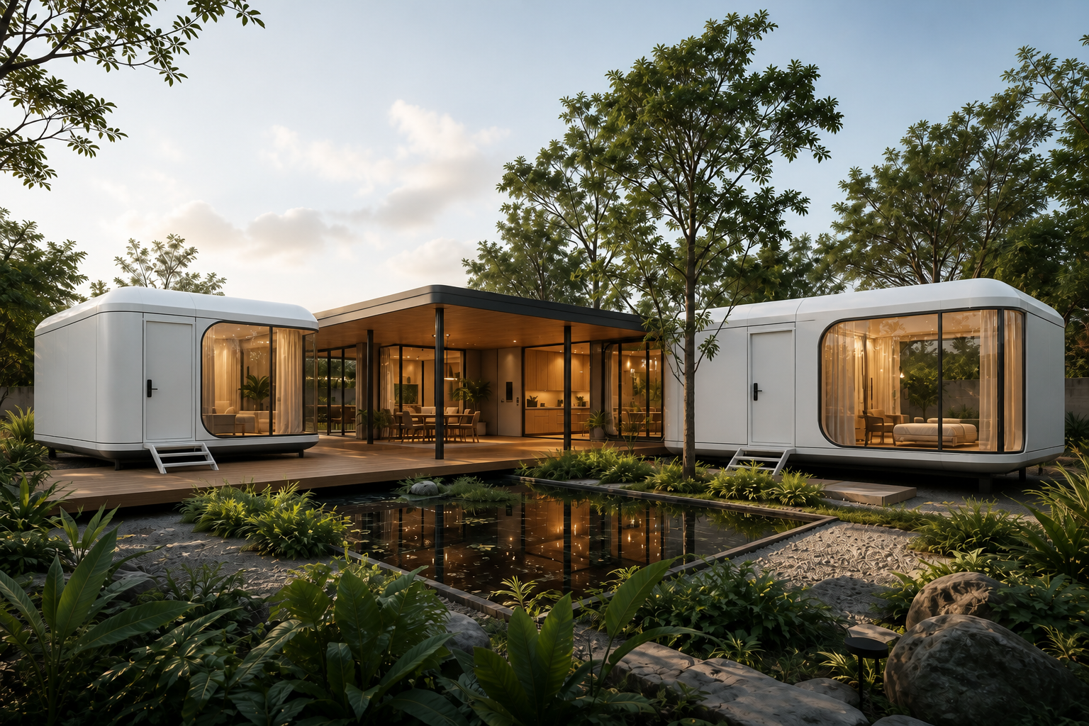Panoramic modular capsule residence showing its exterior shell and glazing