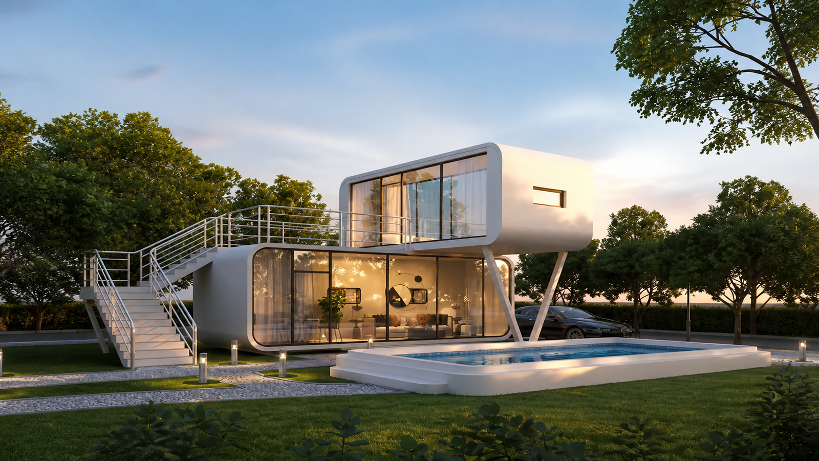 Premium modular architectural residence with illuminated pool